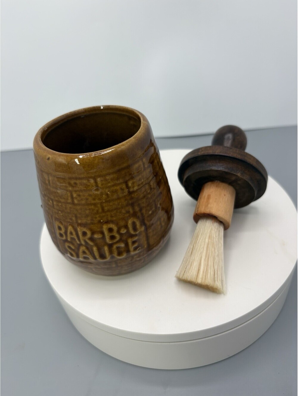 Brown Ceramic BAR-B-Q Sauce Canister Jar w/ Wood Lid, Brick Pattern, 5.5"